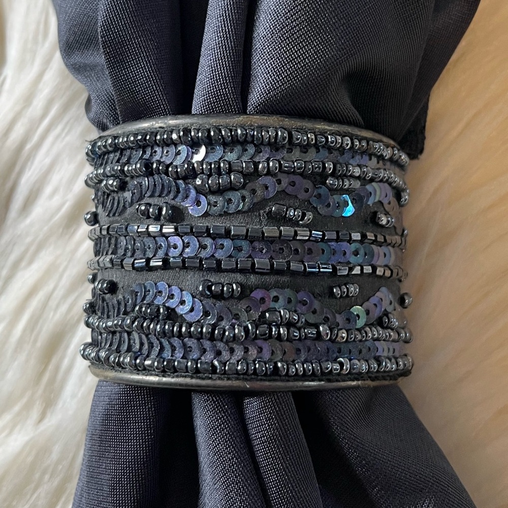 Vintage Beaded & Sequins Black Cuffed Bracelet